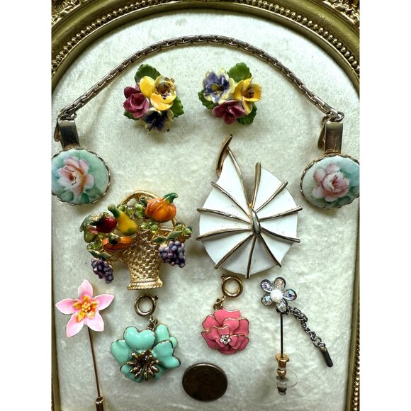 Bundle Ceramic Flower Earrings Enamel Brooch & Stick Pins Painted Porcelain - Picture 3 of 4